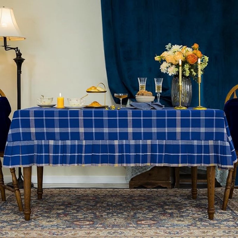 Retro Tablecloth Tartan Plaid with Ruffle Trim Rectangle/Oblong Yarn-Dyed Blue Table Cloth for Buffet Banquet Parties Event Holiday Farmhouse Kitchen Dining Decor 55x70 Inch