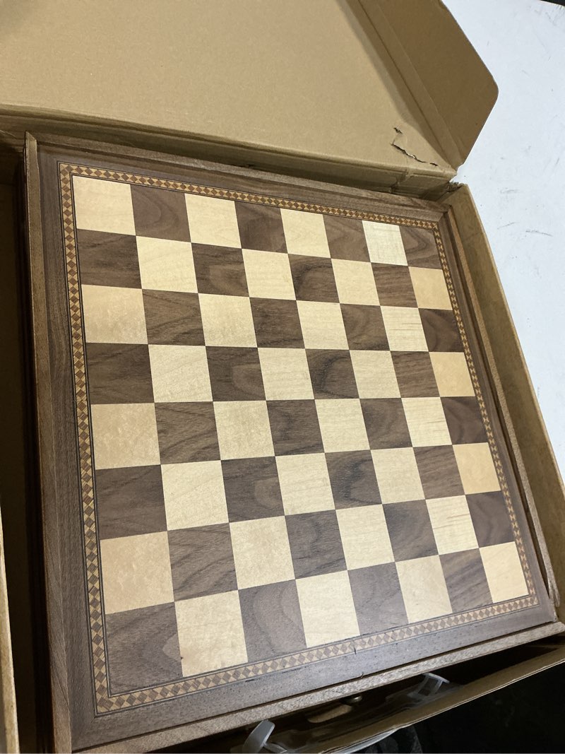 Condition photo showing Good Condition for peradix magnetic chess checkers board sets with 2 built-in storage drawers,15" classic 2 in 1 wooden games with 2 extra queens for kids and adults,travel portable chess game set walnut color 15"