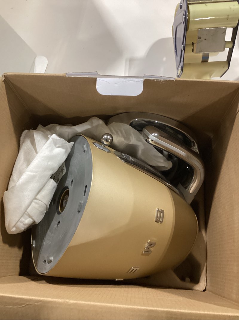 Condition photo showing As Is for smeg 50's retro style 7 cup electric water kettle with automatic shutoff, removable base, and water indicator, klf03chmus, matte campagne 1.8 quarts matte champagne