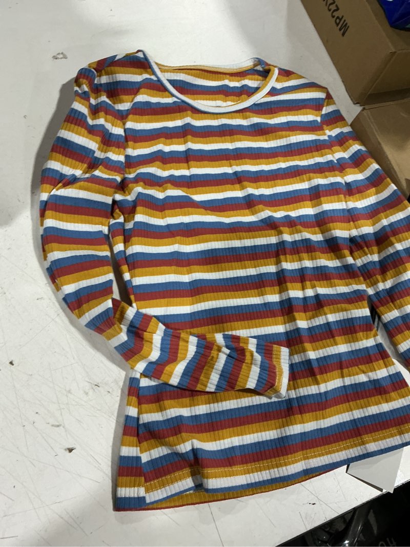 Condition photo showing As Is for wdirara women's slim fit long sleeve striped t shirt rib knit tee tops x-small red and blue yellow