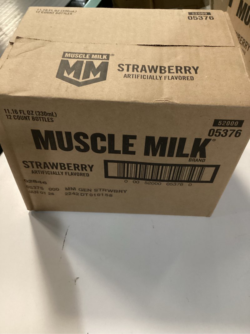 Condition photo showing New/Like New for (Best By Jan/01/2026) Muscle Milk Genuine Shake, Strawberry, 11.16 Fl Oz Bottles (Pack of 12)