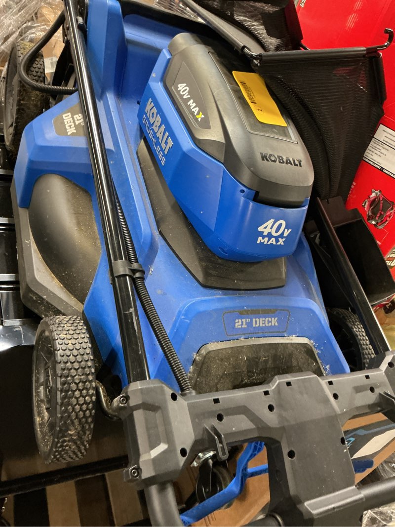 Condition photo showing As Is for kobalt 40-volt 21-in self-propelled battery walk mower (battery and charger included)