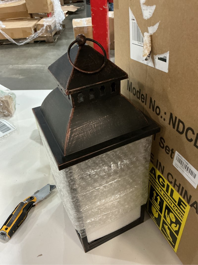 Condition photo showing New/Like New for needomo lanterns decorative outdoor&indoor, set of 2 large bronze metal lantern decor with glass, candle holder for porch, patio, garden, balcony, wedding, table centerpiece decorations 17" & 11" / glass 2
