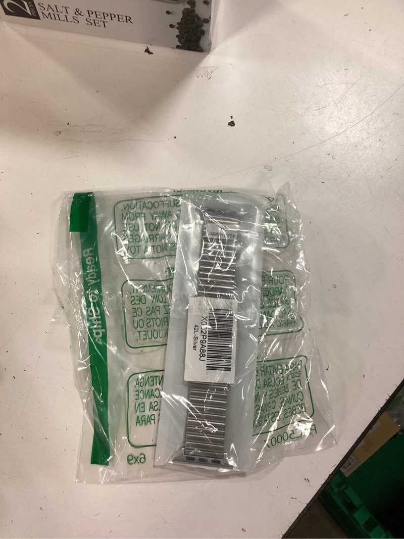 Condition photo showing New/Like New for Stainless Steel Stretchable Band Compatible with Apple Watch Series 6/5/4/3/2/1 SE, 41mm/45mm/42mm/38mm/40mm/44mm, Expansion Clasp, Black, 38mm/40mm/42mm/44mm Silver 42MM/44MM/45MM M/L
