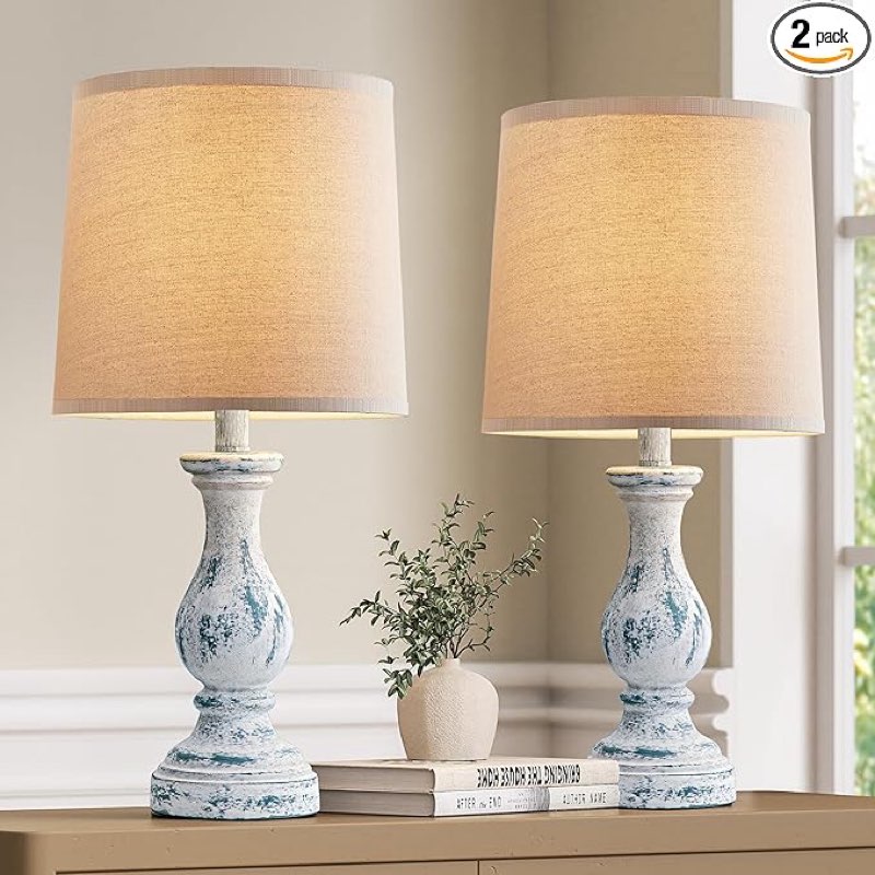 Table Lamps Set of 2 - Rustic Lamp for Bedroom Living Room, 22" Boho Bedside Lamps for Night Stands End Table Office Desk Lamp Nightstand Clearance with Linen Shades(Washed Blue