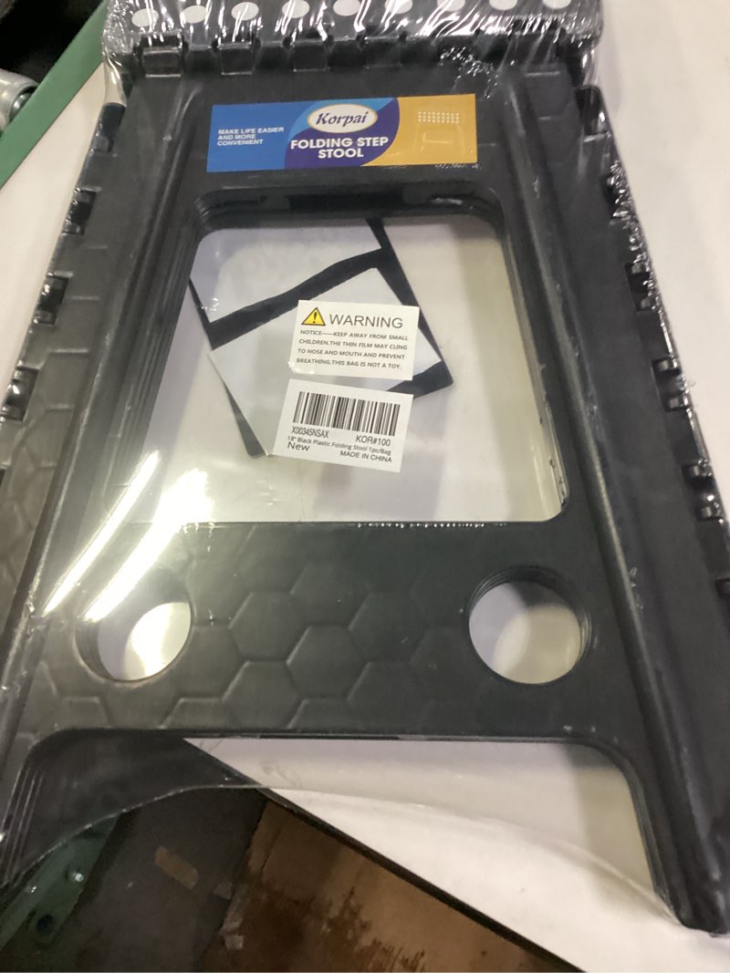 Condition photo showing New/Like New for Korpai 18" Folding Step Stool for Adults and Kids Holds Up to 300 lbs,Non-Slip Folding Stools with Portable Handle, Compact Plastic Foldable Step Stool for Bathroom,Bedroom, Kitchen,Black,1PC 18 Inch Black