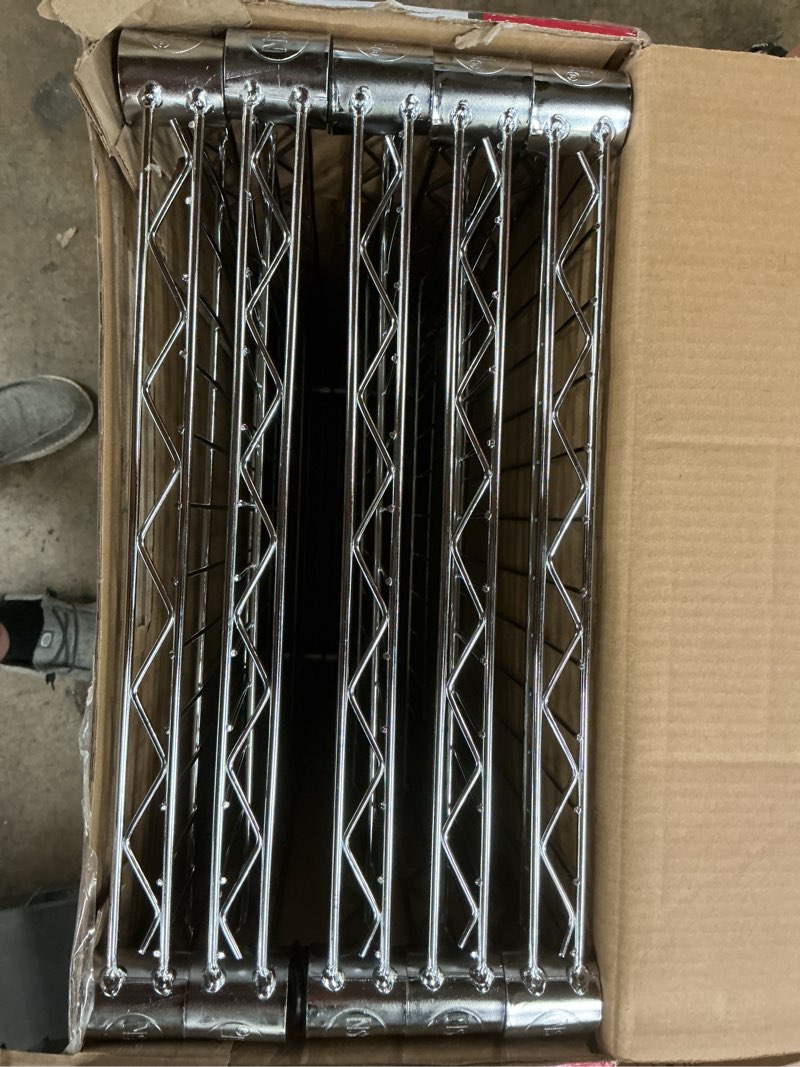 Condition photo showing As Is for hyper tough 5-tier wire storage shelves, 36"w x 16"d x 72"h, 1750 lb load capacity, chrome
