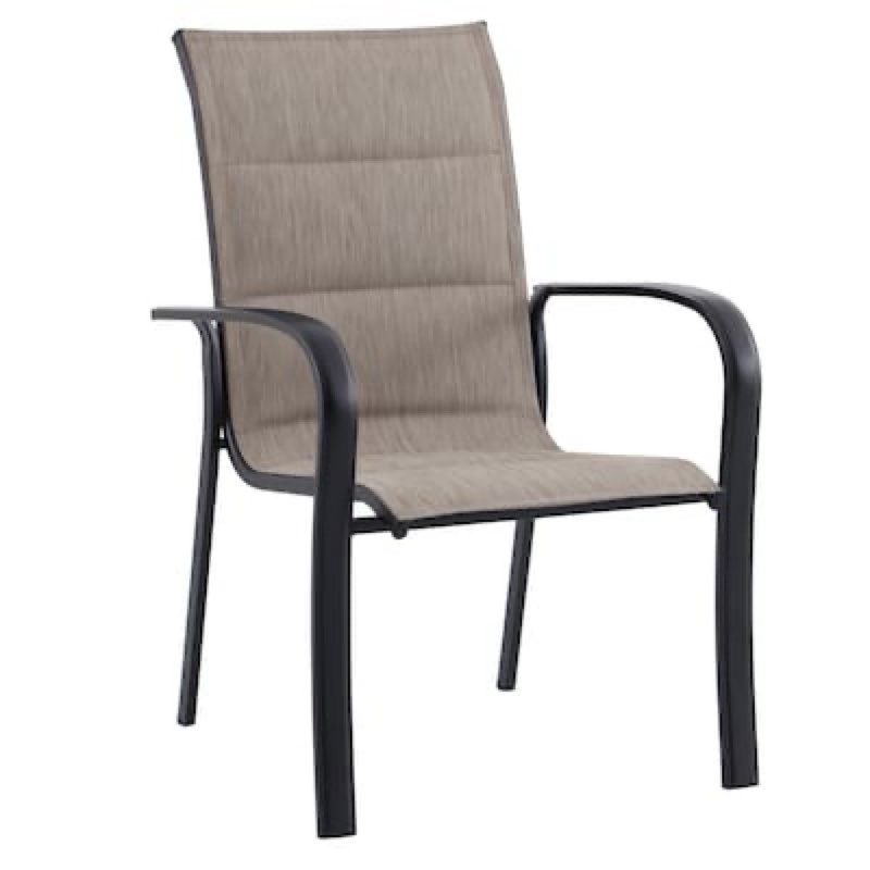 style selections pelham bay stackable black metal frame stationary dining chair with tan