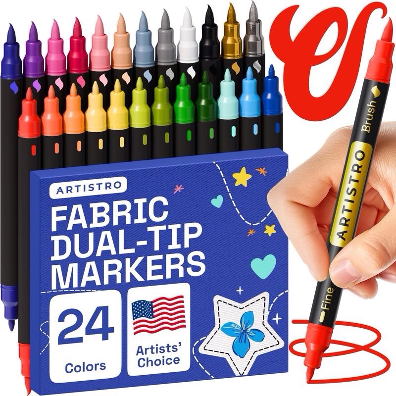 ARTISTRO 24 Dual-Tip Fabric Markers - Fabric Decorating Kit - Permanent for Clothes - No Bleed Pens for T-Shirts, Bags, Textile, Canvas, and More (Brush Tip and Fine Tip)