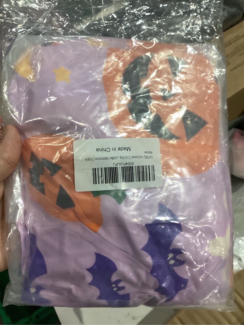 Condition photo showing New/Like New for Halloween Crib Sheets, Baby Fitted Crib Sheet with Pumpkins, Skeletons, Bats, Measuring 52" x 28" to fit Standard Crib and Toddler Mattresses, Purple Skull Pumpkin