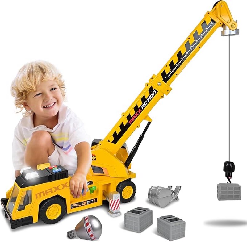 Sunny Days Entertainment, LLC. Maxx Action 27'' 3-N-1 Crane Truck - Large Construction Vehicle with Lights, Sounds and Motorized Drive | Realistic Crane with Joystick Controllers