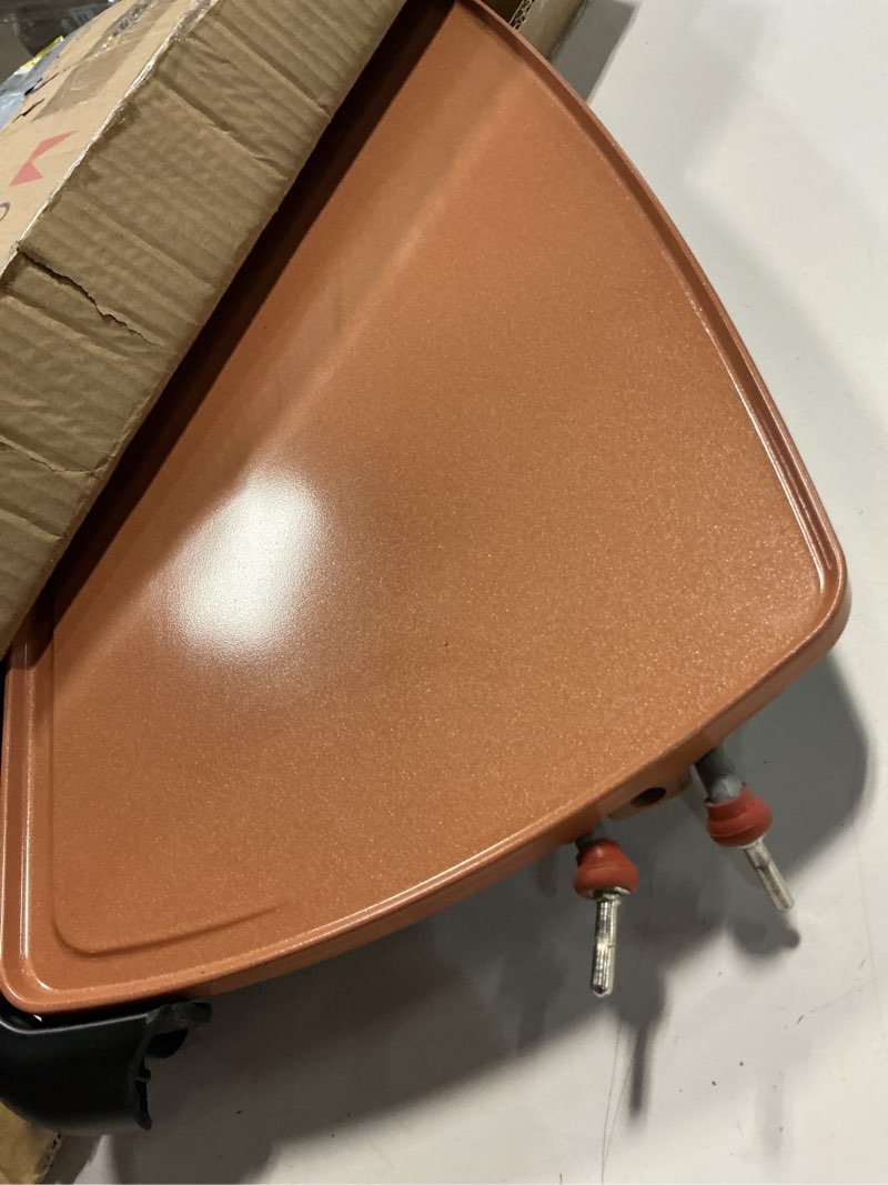 Condition photo showing As Is for bella electric ceramic titanium griddle, make 10 eggs at once, healthy-eco non-stick coating, hassle-free clean up, large submersible cooking surface, 10.5" x 20", copper/black 10" x 20" copper