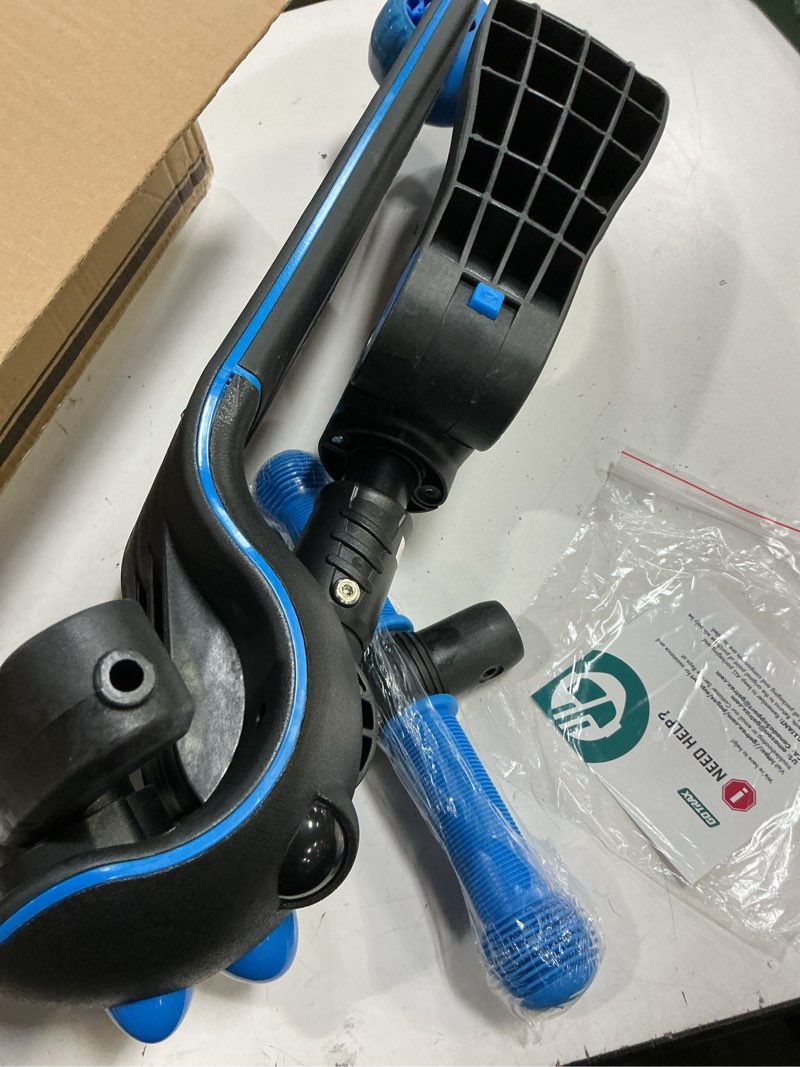 Condition photo showing As Is for (incomplete, missing 2 wheels )gotrax ks3 pro folding kick scooter for kids, one key removable seat & 3 extra wide pu light-up wheels and anti-slip deck, adjustable height handlebar and lean-to-steer scooter for children aged 2-8 blue