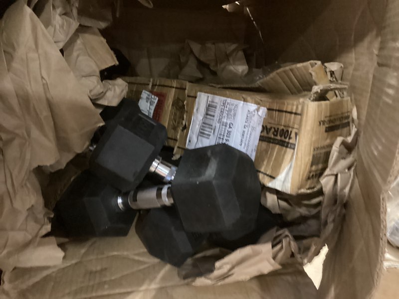 Condition photo showing As Is for Fitvids Rubber Coated Hex Dumbbell Weight Set and Storage Rack, 100LB Set or 150LB Set, 5-20 lbs Pairs or 5-25 lbs Pairs Dumbbell + A-Rack: 100LB (5-20lbs Pairs)