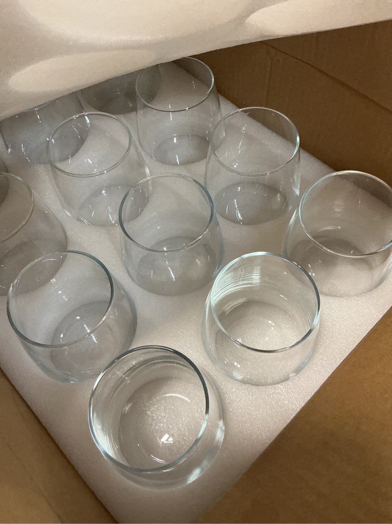 Condition photo showing New/Like New for stemless wine glasses set of 12, 17oz red/white wine glasses with no stem, clear glassware set for red/white wine, dishwasher safe, ideal for daily use, home bar, birthdays, housewarming gift