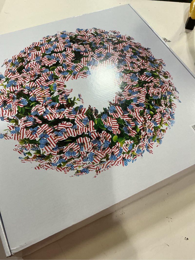 Condition photo showing New/Like New for memorial day 20inch patriotic wreath, 4th of july & 250th anniversary flag decoration, patriotic front door decor all-weather greenery for porch & wall flag day veterans day