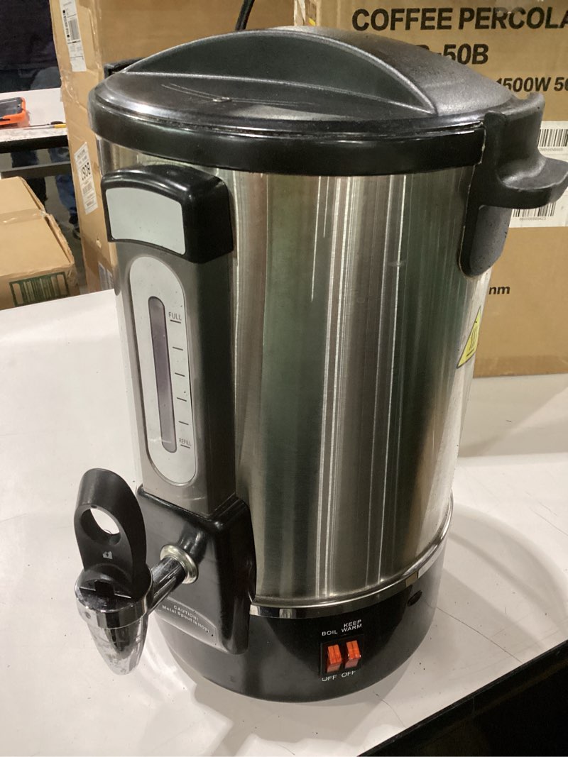 Condition photo showing Good Condition for not tested used sybo sr-cp-50b commercial grade stainless steel percolate coffee maker hot water urn for catering, 50-cup 8 l, metallic 8l metallic
