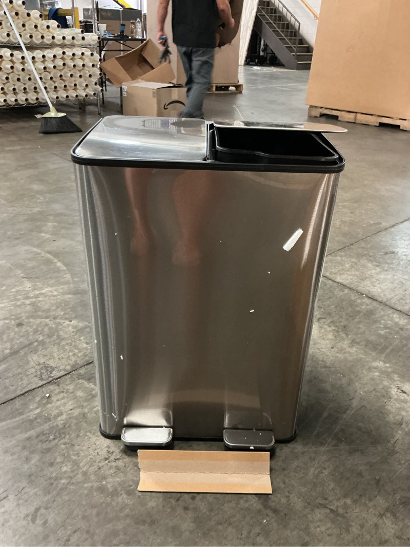 Condition photo showing As Is for garveehome 2 x 8 gal stainless steel double trash can with lid for kitchen, large dual trash and recycle bin combo, step-on kitchen metal garbage cans, pp inner buckets, liner rim, silver silver 2 x 8 gallon