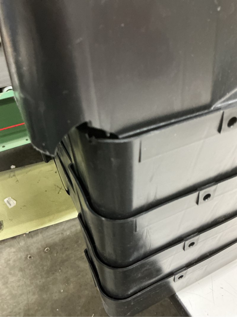 Condition photo showing As Is for hyper tough 13.88"d x 30"w x 73.9"h 5-shelf plastic garage shelves, black