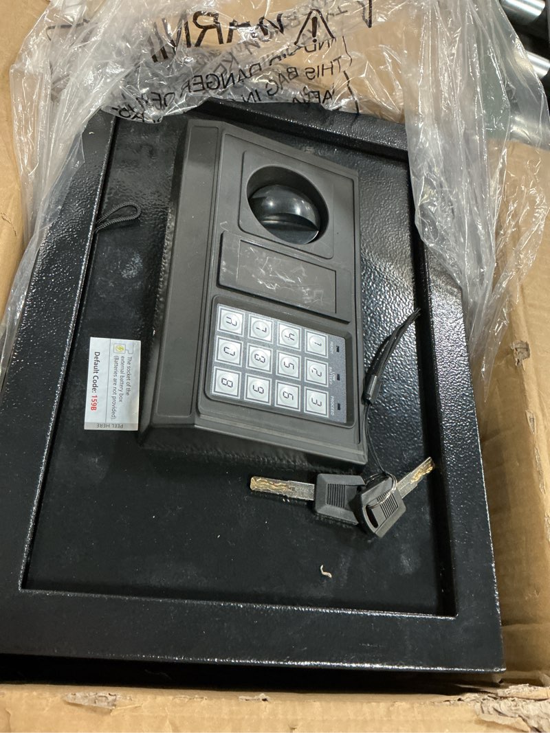 Condition photo showing As Is for home safe box, safes with fireproof waterproof bag, 9.84'' h anti-theft digital security lock box with smart alert system, removable shelf, mute function, document safes for jewelry 9.84''h x 7.87d x 7.87w
