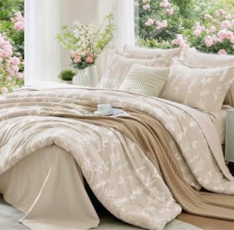 MUXHOMO Beige Full Comforter Set, Elegant Floral Print Bed in a Bag 7 Pieces, Ultra Soft & Breathabl