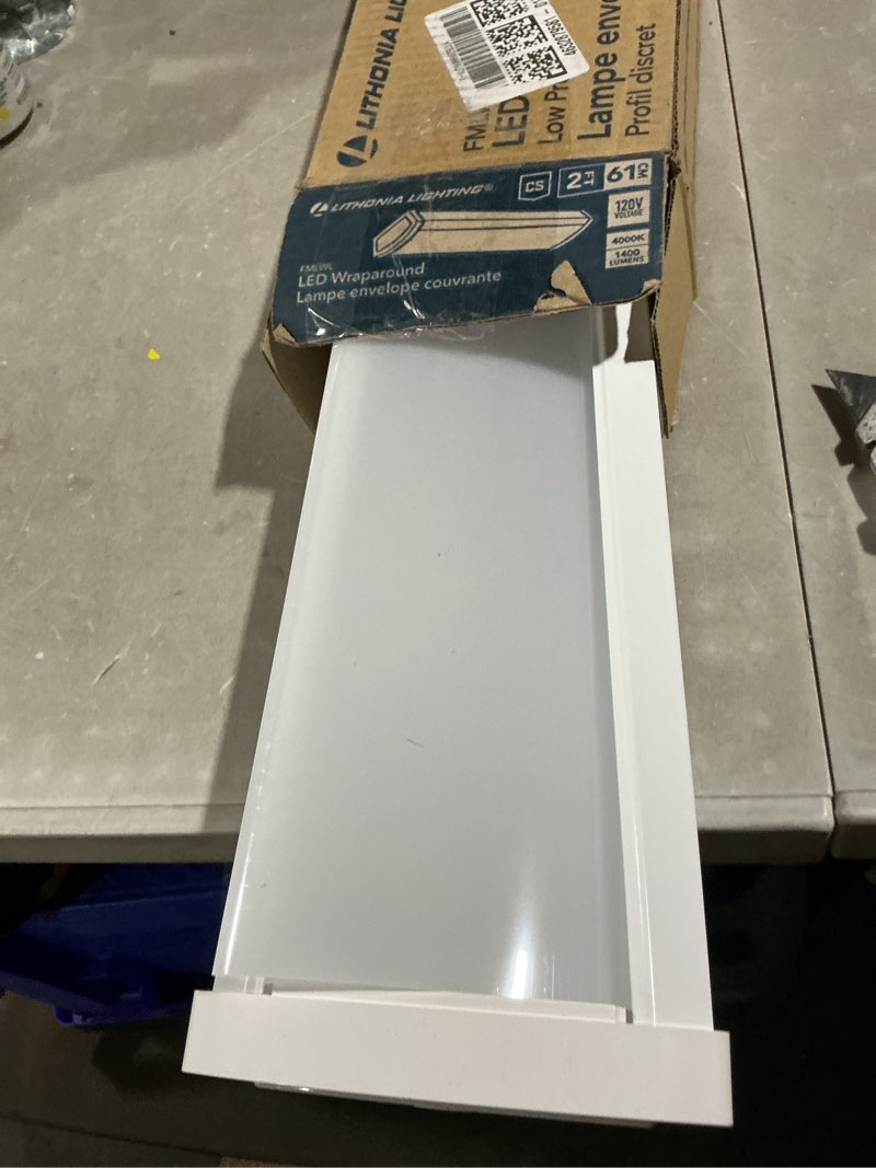 Condition photo showing As Is for lithonia lighting fmlwl 24 840 fmlwl 2-foot 120 volt linear flush mount 4000k cool white led wraparound, 1,200 lumens, 0-10 volt dimming, white