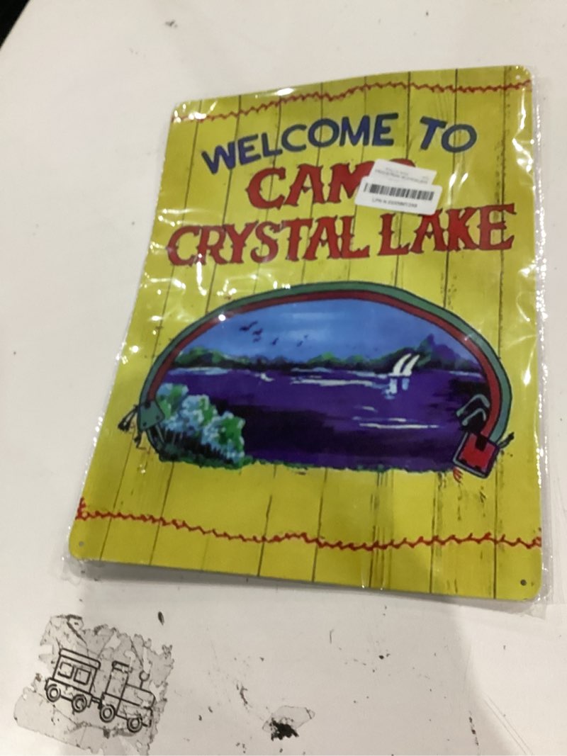 Condition photo showing As Is for bonoff welcome to camp crystal lake vintage metal aluminum tin sign wall art poster antique decoration anniversary birthday christmas housewarming gift 12x16inch