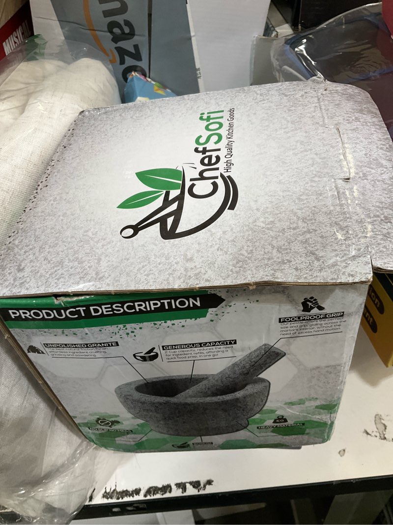 Condition photo showing Good Condition for ChefSofi Mortar and Pestle Set - 6 Inch - 2 Cup Capacity - Unpolished Heavy Granite for Enhanced Performance and Organic Appearance - Included: Anti-Scratch Protector Gray 2-Cups