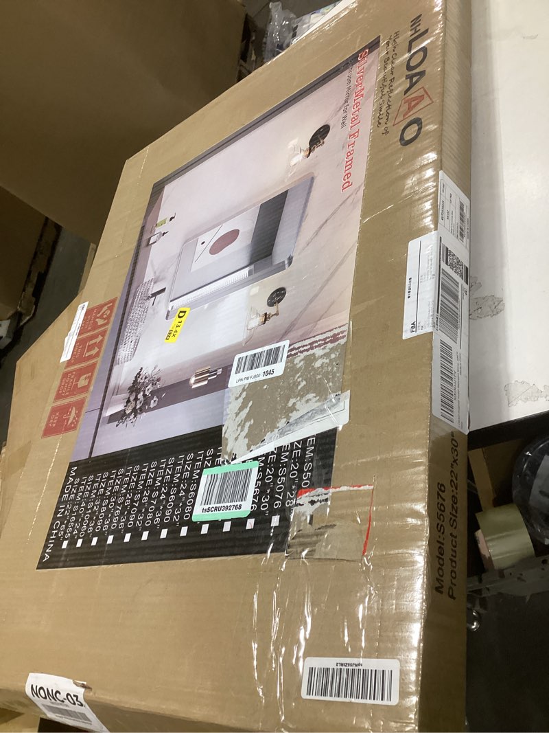 Condition photo showing As Is for LOAAO 22X30 Inch Brushed Nickel Bathroom Mirror, Rounded Rectangle Silver Metal Frame Mirror, Brushed Nickel, Anti-Rust, Hangs Horizontally or Vertically Brushed Nickel 22"L x 30"W