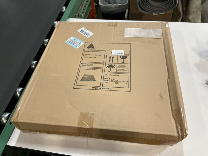 Condition photo showing item condition for PEMAR Extra Large Square 20" Capiz Shell Ottoman Tray with Insert Handles, Oversized Decorative Luxury Wooden Serving Tray for Food, Coffee Table, Breakfast in Bed (Grey-White Stripes)