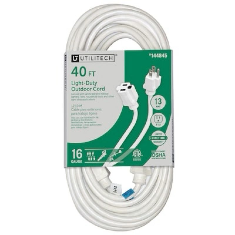 utilitech 40-ft 16 / 3 light duty 3 prong white outdoor extension power cord item #144845 | model #ut883628