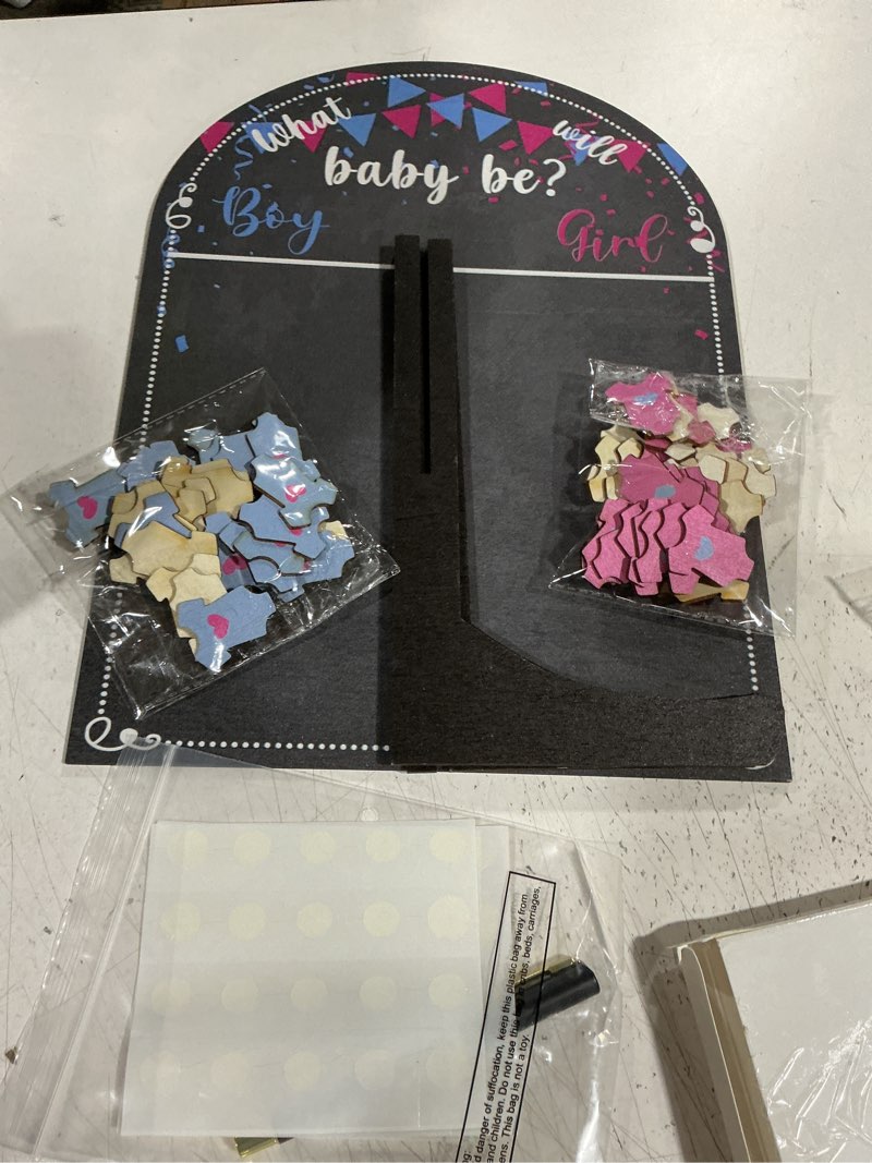 Condition photo showing Good Condition for aceorbit 63 pcs gender reveal decorations voting board with stand, boy or girl gender reveal game idea party supply, 60pcs clothes wooden chips with pen,guest book alternative black board baby shower