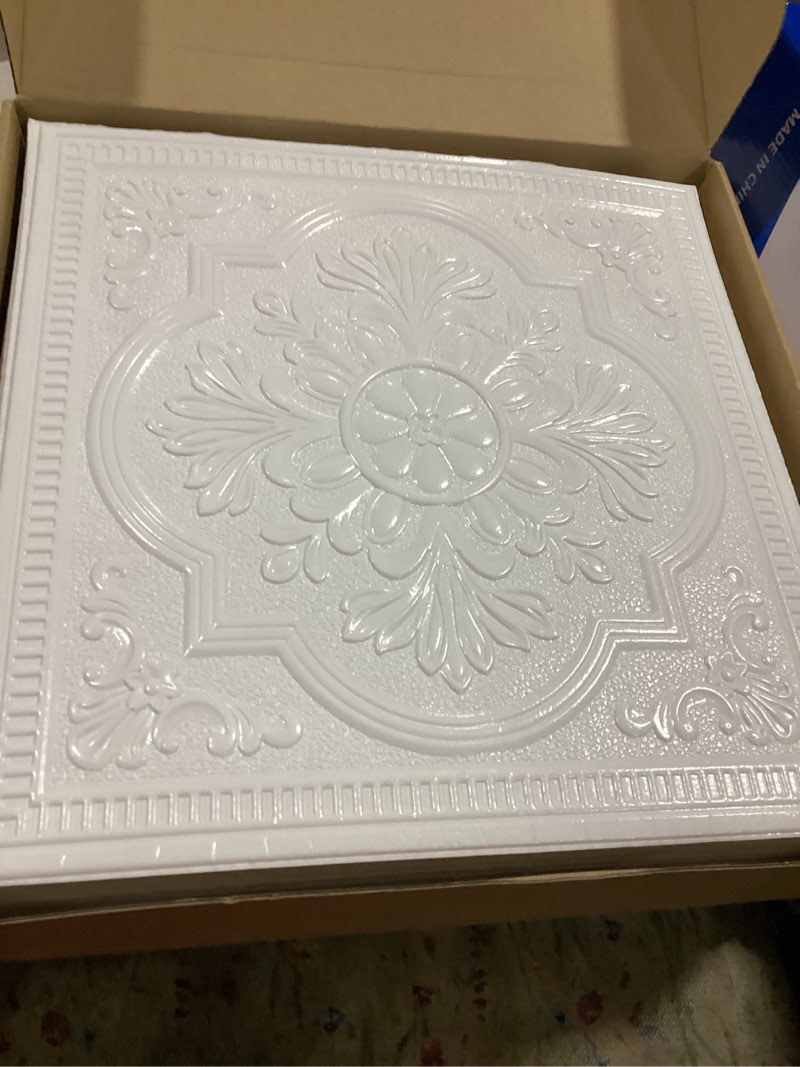 Condition photo showing Good Condition for nuanchu 40 pcs 13.8 x 13.8 inch foam drop ceiling tiles peel and stick white 3d wall panels, 26-105.5 sq. ft adhesive glue up waterproof wallpaper for diy office home (exquisite) 13.8 x 13.8 inch exquisite 40