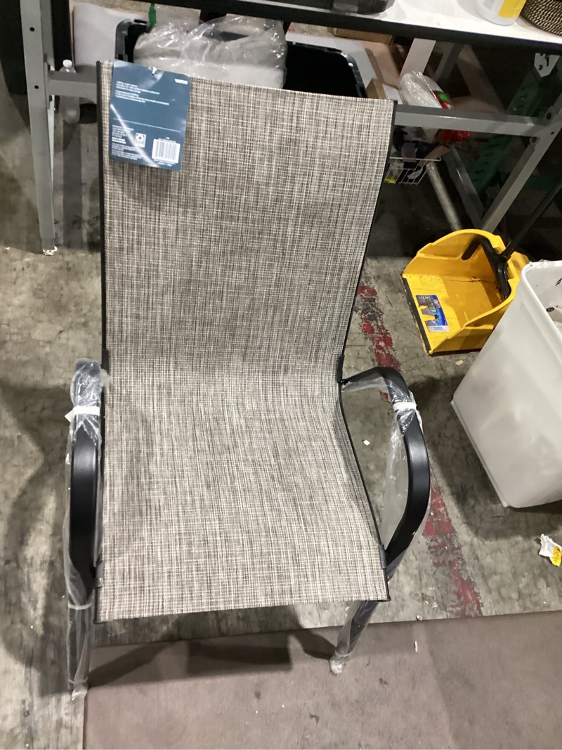 Condition photo showing Good Condition for style selections pelham bay woven stackable black metal frame stationary dining chair with tan sling seat