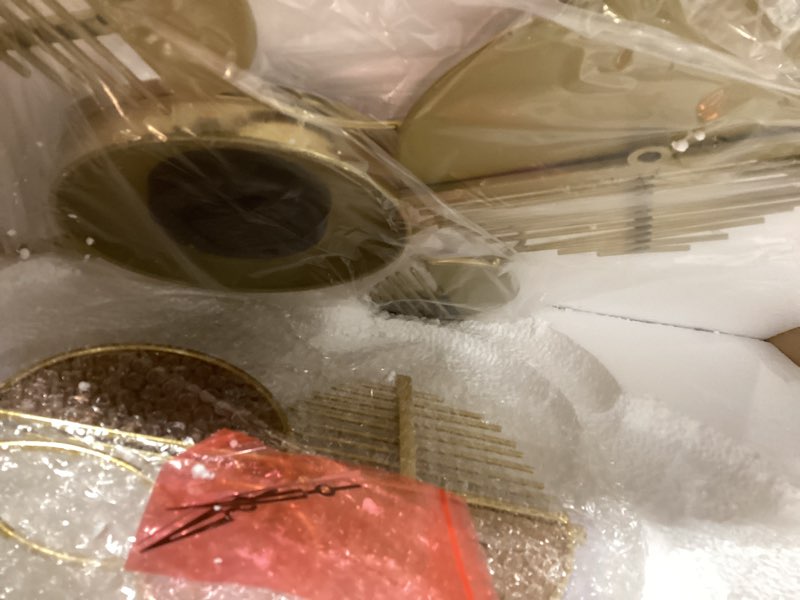 Condition photo showing As Is for Large Wall Clock,Modern Silent Non-Ticking Metal Wall Art Wall Clocks Battery Operated, Horizontal or Vertical Hanging Clock for Living Room, Kitchen, Bedroom, or Office Wall Decor (40") Gold-large