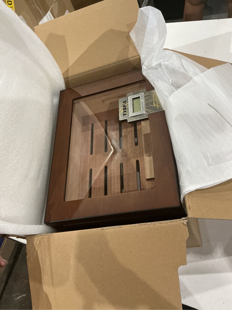 Condition photo showing New/Like New for tisfa cigar humidor cedar wood cigar box with 2 digital hygrometer, 2 humidifiers, cedar tray, divider, accessory drawer, glass top large desktop humidors and acrylic travel cigar tube gifts set brown