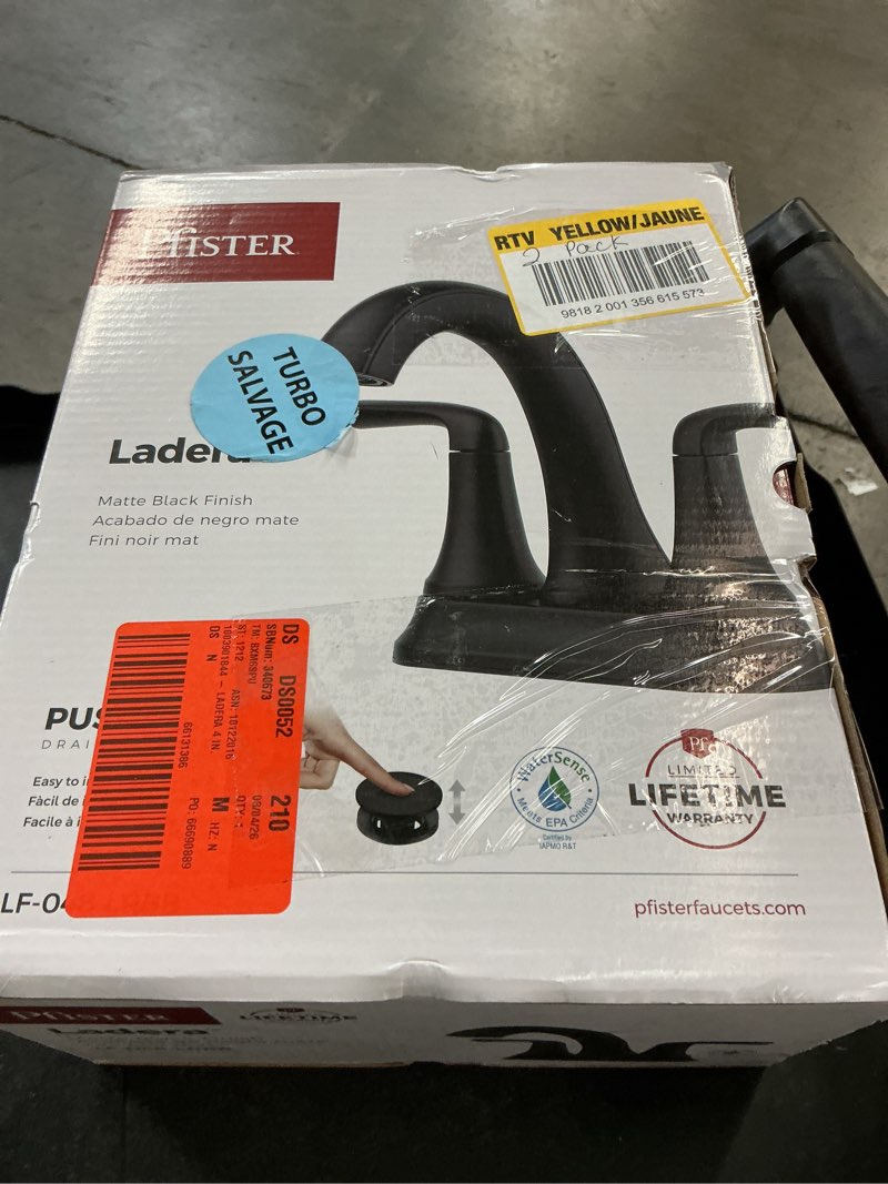 Condition photo showing New/Like New for ladera 4 in. centerset double handle bathroom faucet in matte black