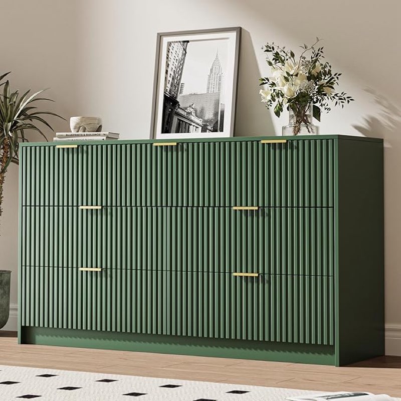 MAISONARIA Green 7 Drawer Dresser for Bedroom, 55.9" Wide Modern Fluted Dresser with Gold Metal Handles, Wide Chest of Drawers for Bedroom, Living Room, Entryway, Hallway
