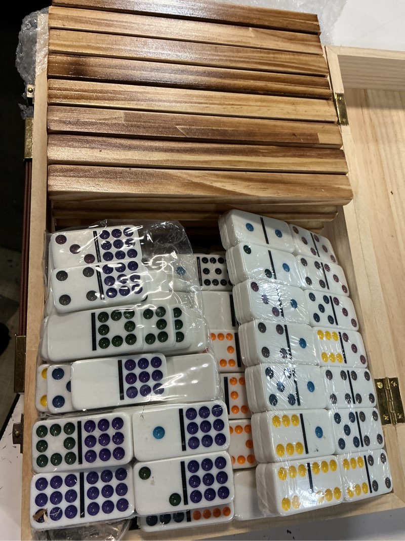 Condition photo showing Good Condition for mexican train dominoes set with 8 charcoal-burned wooden holders & hub, double 12 dominos set colored dot 91 tiles in vintage wooden case, travel dominos set metal trains for adults family game classic