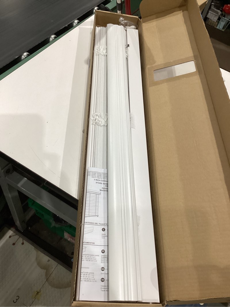 Condition photo showing As Is for allen + roth trim at home 2-in slat width 35-in x 64-in cordless white faux wood room darkening horizontal blinds