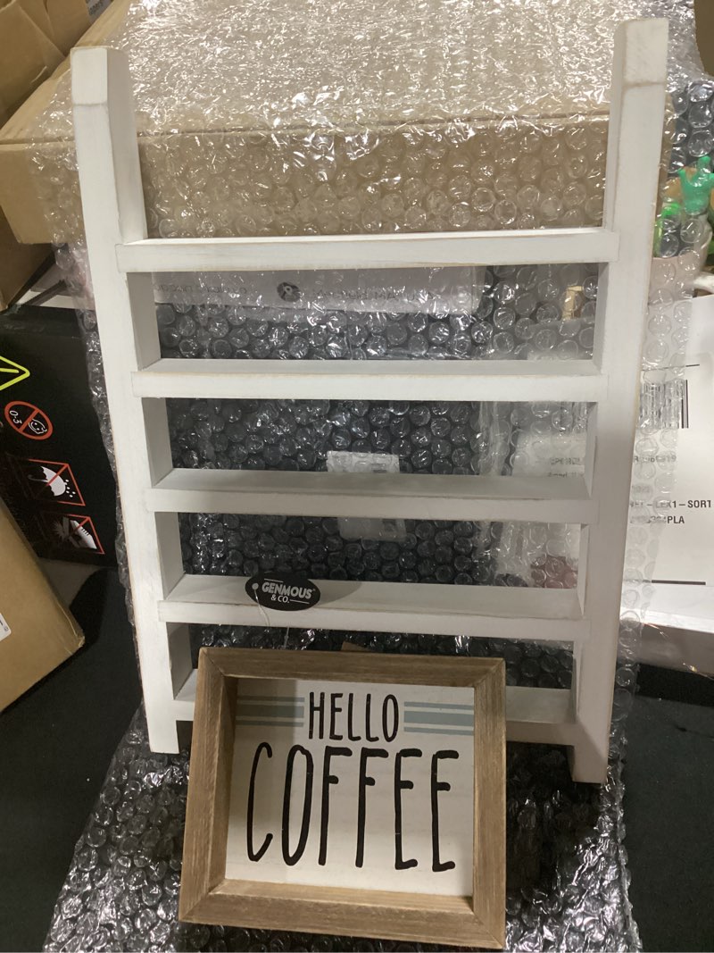 Condition photo showing New/Like New for genmous wood k cups holder for countertop, farmhouse pod holder with coffee bar decor sign, rustic k cup organizer for home kitchen storage, coffee pod station organizer accessories white