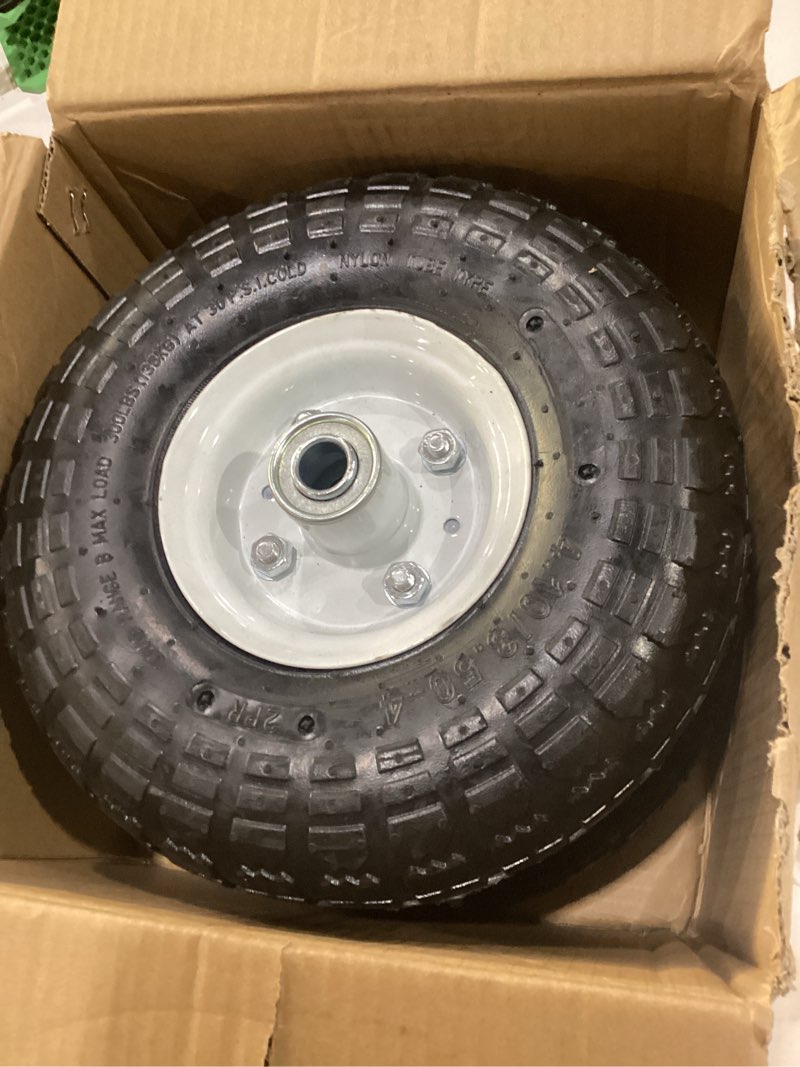 Condition photo showing New/Like New for rrq 10 inch solid polyurethane tire 4.10/3.50-4 tire, 10" flat free wheels with 5/8" bearings, 2.2" offset hub for garden cart, hand truck, lawn cart, mower (2 pack)