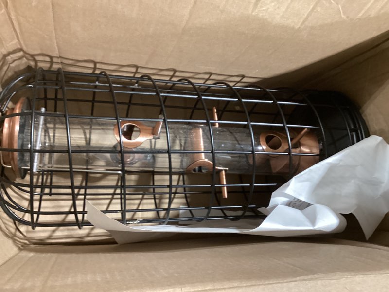 Condition photo showing As Is for iborn bird feeders hanging - squirrel proof bird feeders for outdoors, pigeon proof caged feeder, heavy duty all metal copper 14 inch, hanging cage feeder for mix seed blends & garden copper-mix seed 14 inch