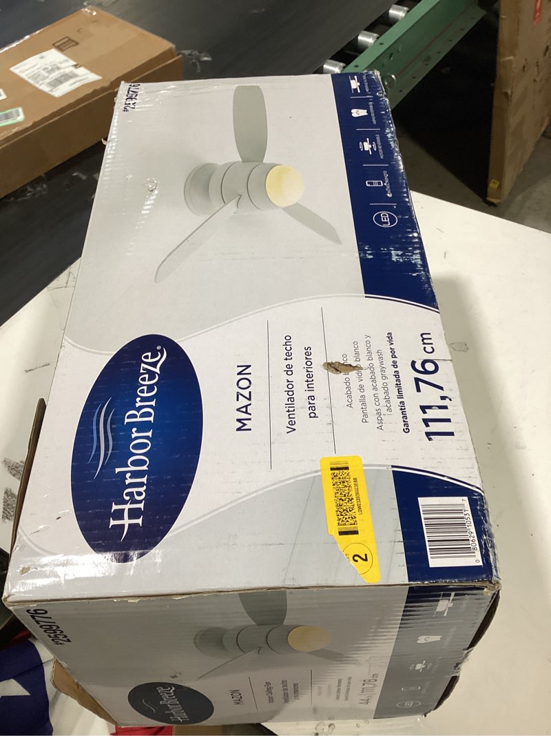 Condition photo showing Good Condition for harbor breeze mazon 44-in white with white/driftwood blades integrated led indoor flush mount ceiling fan with light and remote (3-blade)