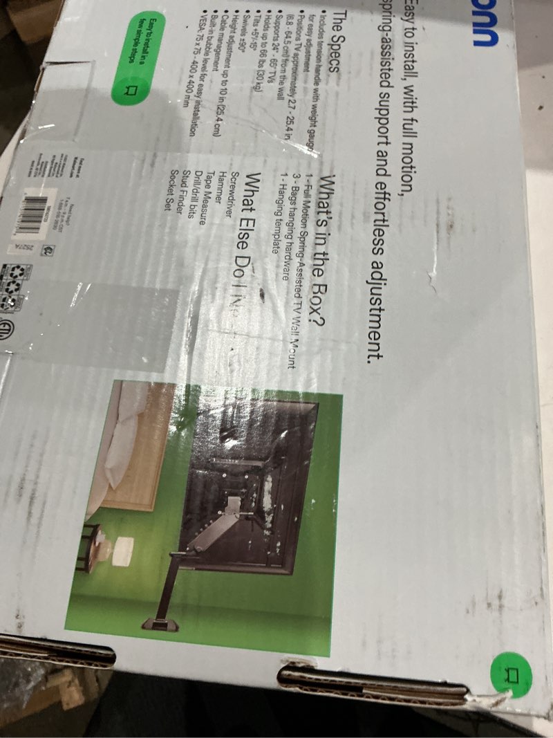 Condition photo showing As Is for onn spring assisted full motion mount for 24" to 65" tvs, etl listed, holds upto 66 lbs