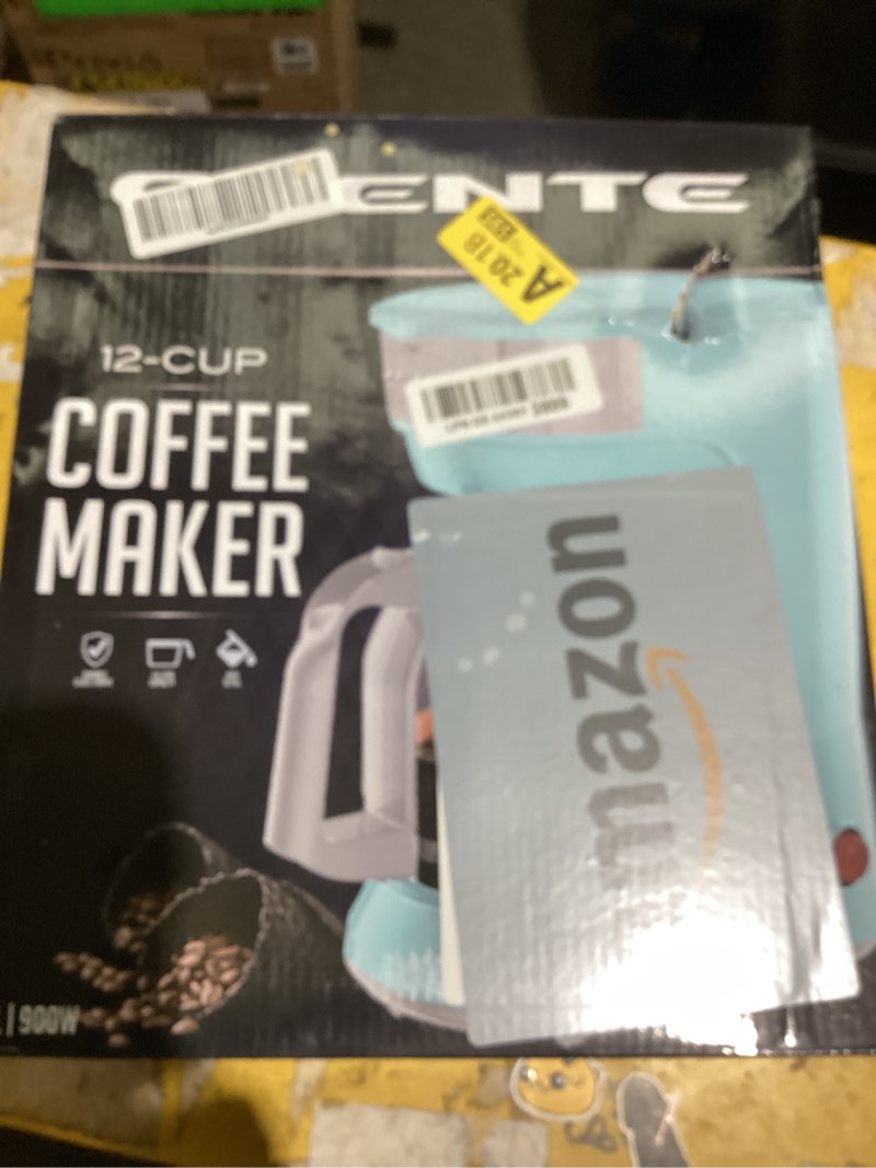 Condition photo showing As Is for ovente 12-cup drip coffee maker with borosilicate glass carafe, one-touch operation machine, anti-drip system, reusable filter and clear view water gauge, ideal for home or office, light teal cm412lbl light teal 1.8 l