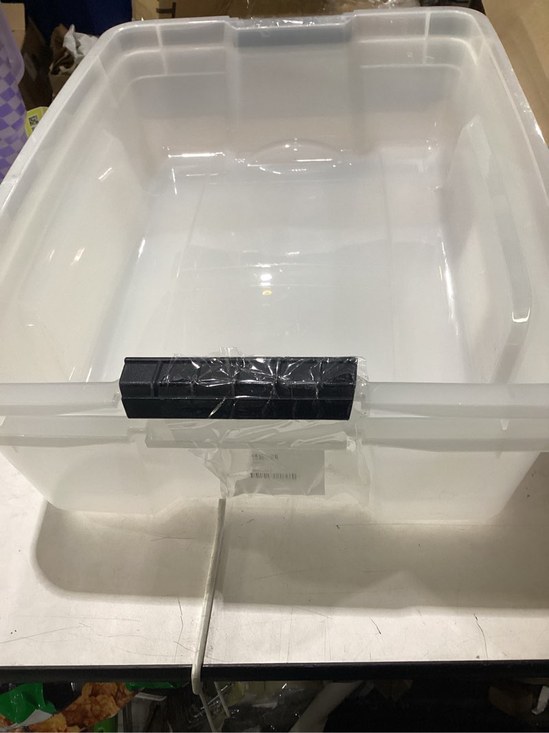 Condition photo showing As Is for iris usa 27 qt stackable plastic storage bins with lids, 2 pack - bpa-free, made in usa - discreet organizing solution, latches, durable nestable containers, secure pull handle - clear clear 27 qt 2 pack