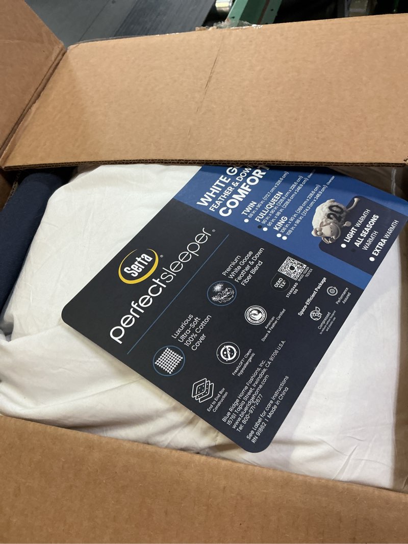 Condition photo showing As Is for Serta Goose Feather Down Fiber Cotton Comforter Queen Size - 100% Cotton Duvet Insert - Hotel Luxury Hypoallergenic Bedding Comforter All Season Medium Warmth 90 x 90 Inch White Full/Queen All Season