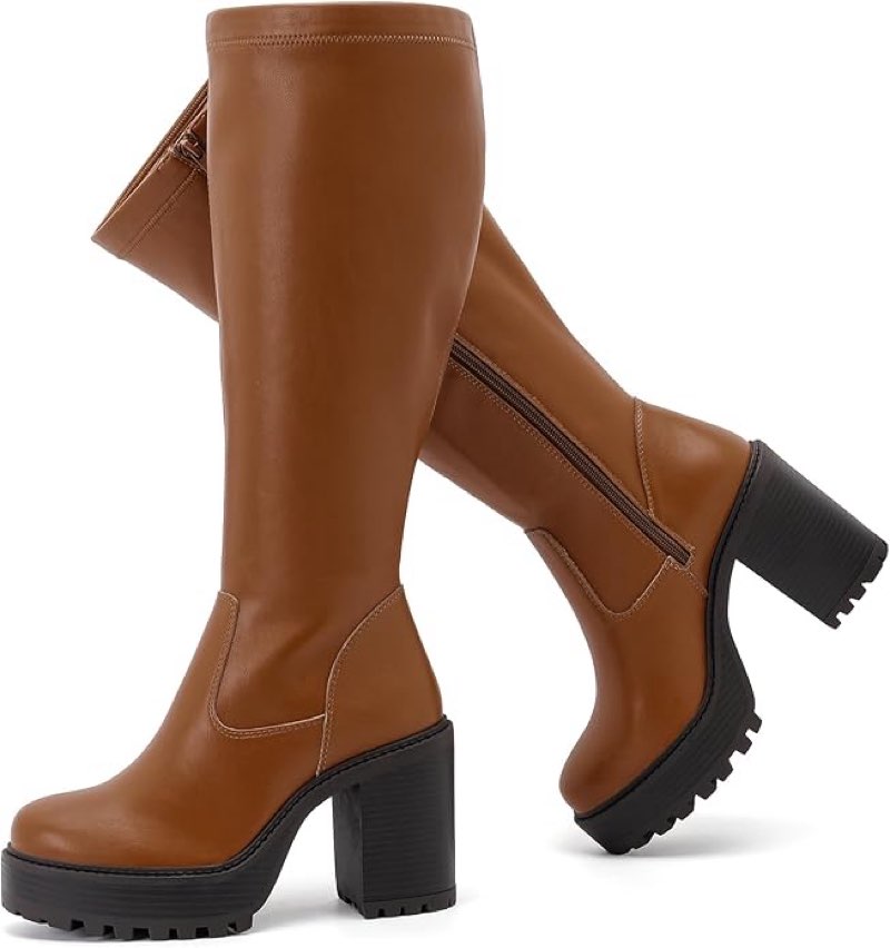 ruiee women's extra wide calf knee high boots true wide width platform chunky heeled gogo boots rounded toe block heel tall boot for women. 10.5
