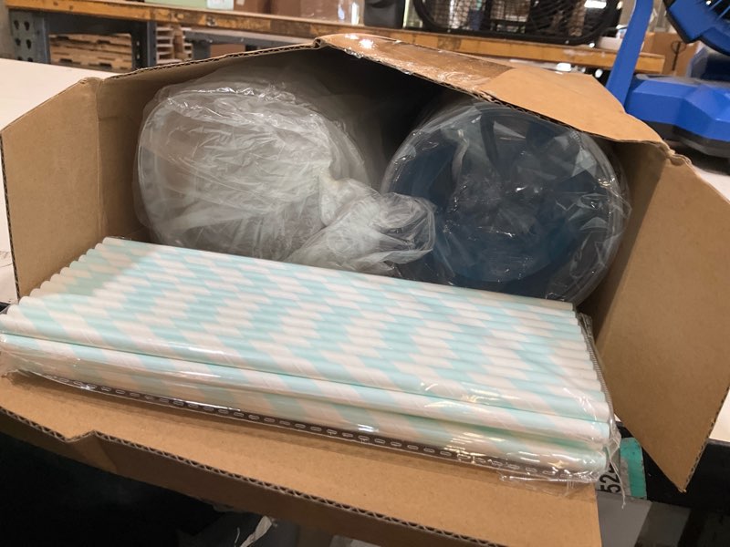 Condition photo showing As Is for sliner 50 sets 16 oz light blue gingham party plastic cups light blue checkered plaid disposable drinking cups with lids and paper straws for christmas baby shower wedding birthday party supplies gingham style light blue white